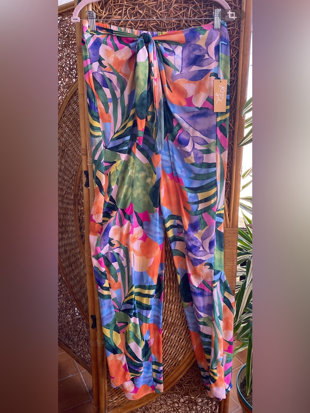 Kona Sol Multicolor Tropical Pants Tied Waist Split Legs Size (12-14) Large